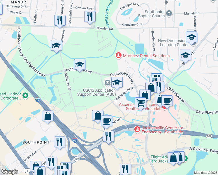 map of restaurants, bars, coffee shops, grocery stores, and more near 4121 Southpoint Boulevard in Jacksonville