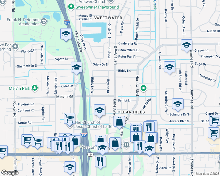 map of restaurants, bars, coffee shops, grocery stores, and more near 4525 Bryson Drive in Jacksonville