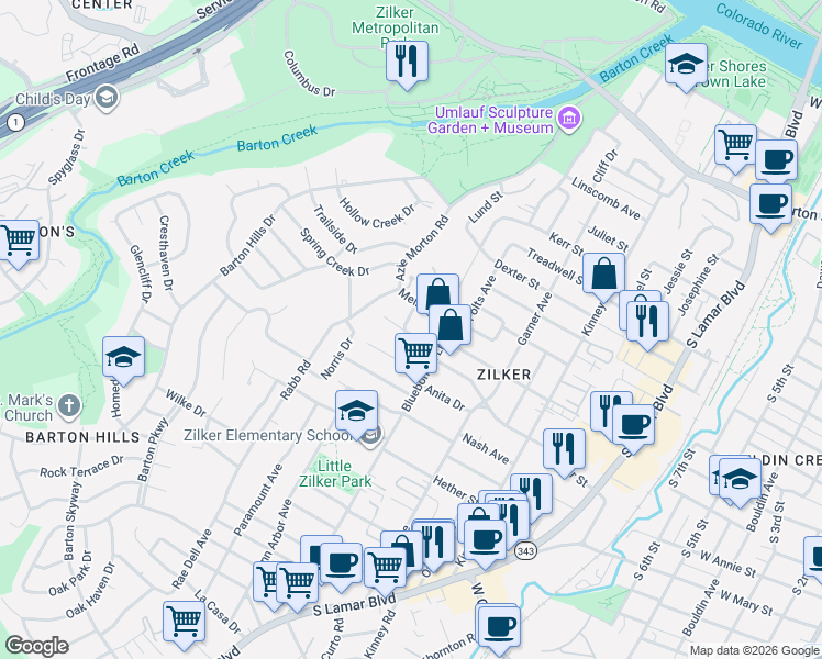 map of restaurants, bars, coffee shops, grocery stores, and more near 1411 Burford Place in Austin