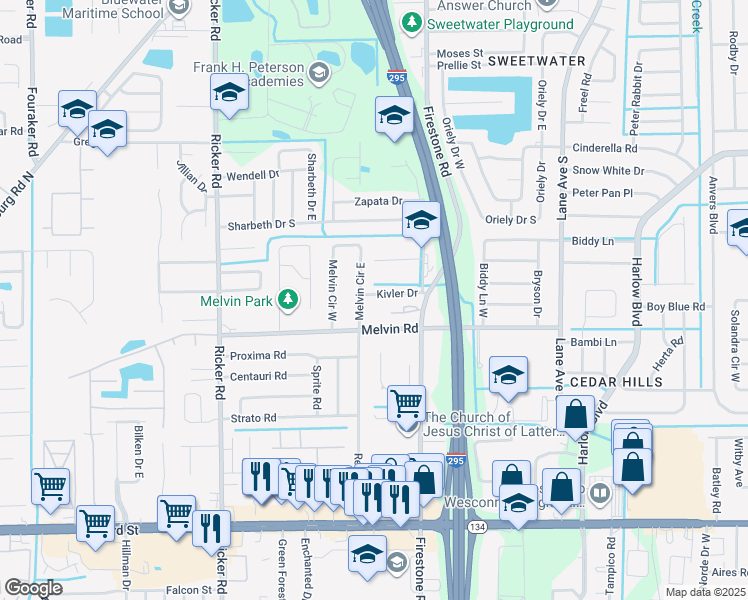 map of restaurants, bars, coffee shops, grocery stores, and more near 7262 Kivler Drive in Jacksonville