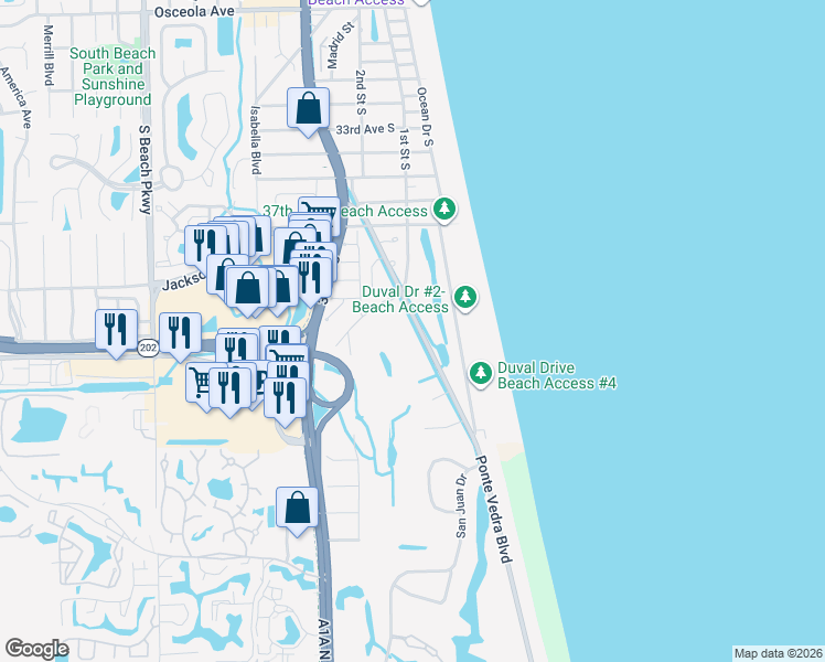 map of restaurants, bars, coffee shops, grocery stores, and more near 4007 Ponte Vedra Boulevard in Jacksonville Beach