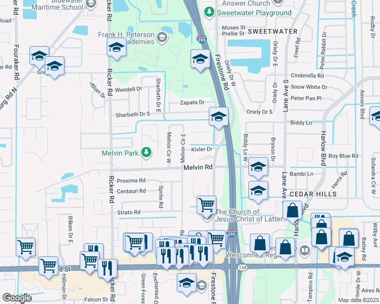 map of restaurants, bars, coffee shops, grocery stores, and more near 7262 Kivler Drive in Jacksonville