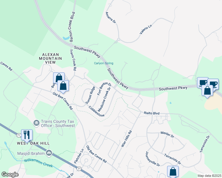 map of restaurants, bars, coffee shops, grocery stores, and more near 5605 Medicine Creek Drive in Austin