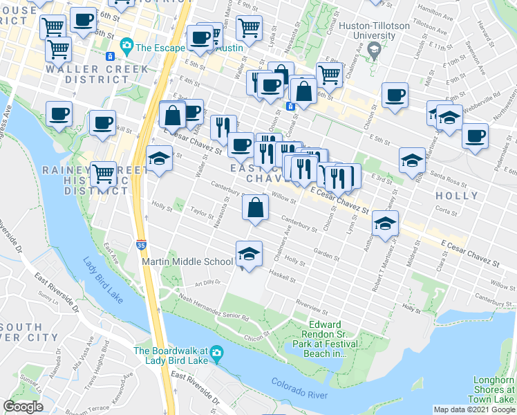 map of restaurants, bars, coffee shops, grocery stores, and more near Comal Street & Canterbury Street in Austin