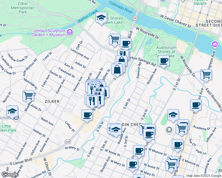 map of restaurants, bars, coffee shops, grocery stores, and more near 901 South Lamar Boulevard in Austin
