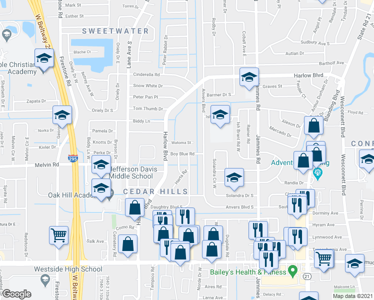map of restaurants, bars, coffee shops, grocery stores, and more near 6703 Boy Blue Road in Jacksonville