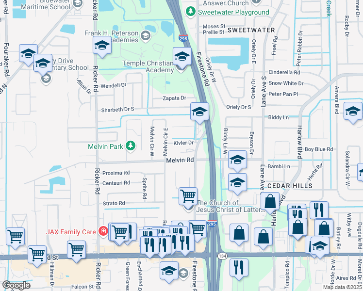map of restaurants, bars, coffee shops, grocery stores, and more near 7218 Kivler Drive in Jacksonville