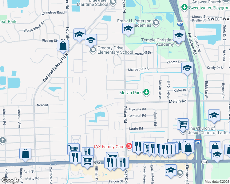 map of restaurants, bars, coffee shops, grocery stores, and more near 7626 Jana Lane South in Jacksonville