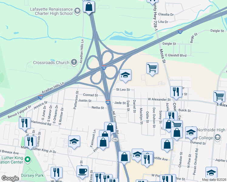 map of restaurants, bars, coffee shops, grocery stores, and more near 4027 Northwest Evangeline Throughway in Carencro