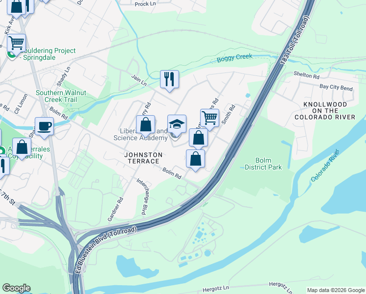 map of restaurants, bars, coffee shops, grocery stores, and more near 1007 Arthur Stiles Road in Austin