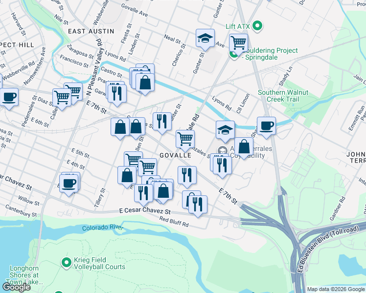map of restaurants, bars, coffee shops, grocery stores, and more near in Austin