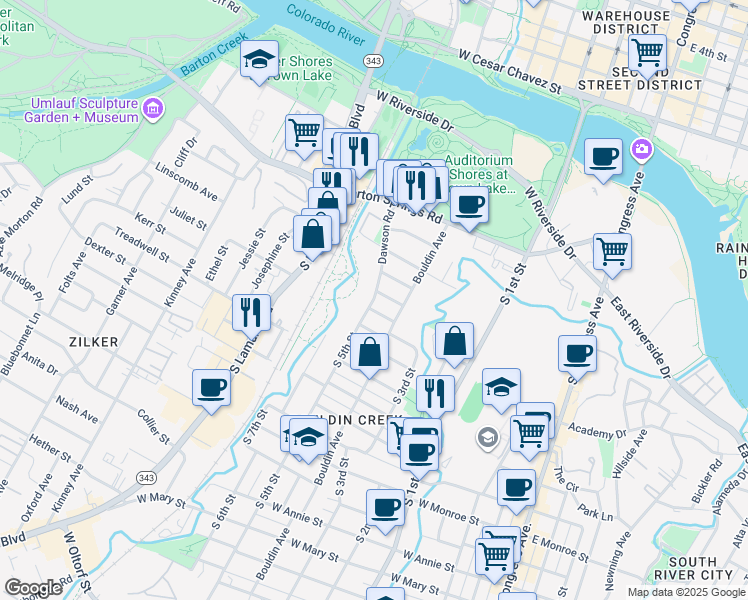map of restaurants, bars, coffee shops, grocery stores, and more near 903 Dawson Road in Austin