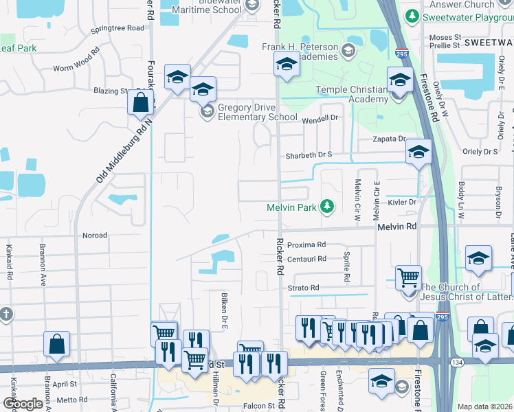 map of restaurants, bars, coffee shops, grocery stores, and more near 7626 Jana Lane South in Jacksonville