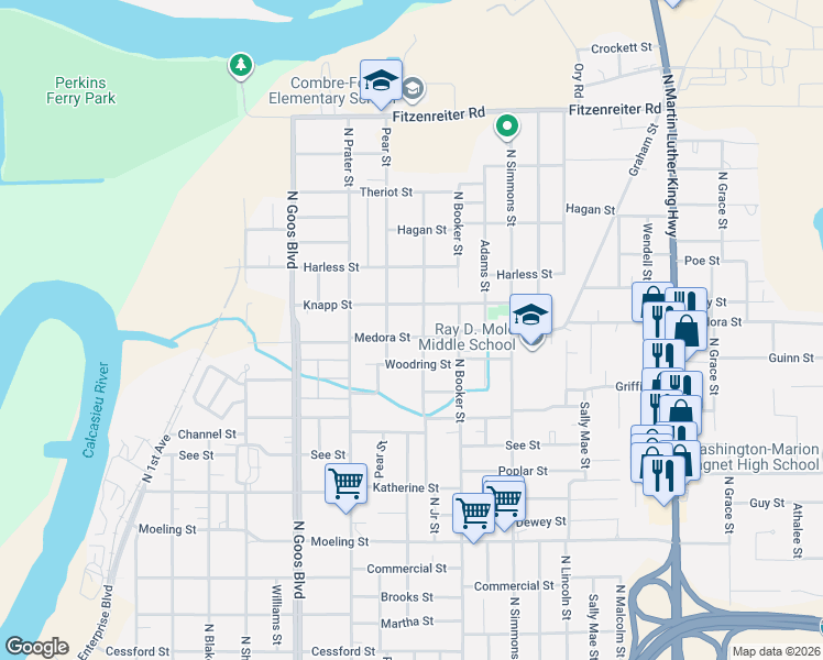 map of restaurants, bars, coffee shops, grocery stores, and more near 1513 Junior Street in Lake Charles