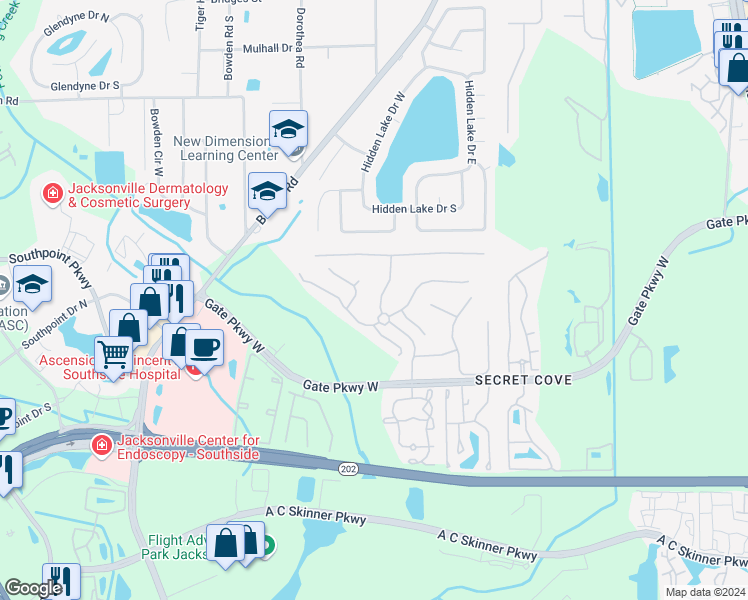 map of restaurants, bars, coffee shops, grocery stores, and more near 3860 Silverpoint Lane in Jacksonville
