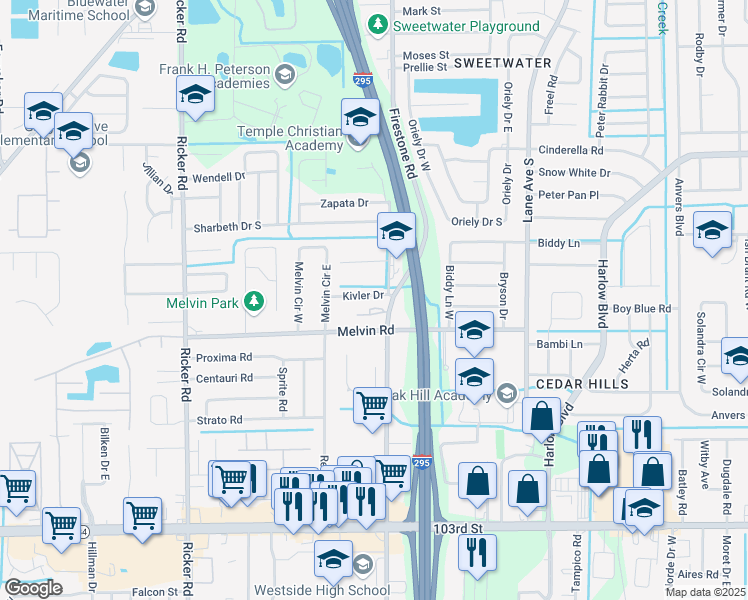 map of restaurants, bars, coffee shops, grocery stores, and more near 7218 Kivler Drive in Jacksonville