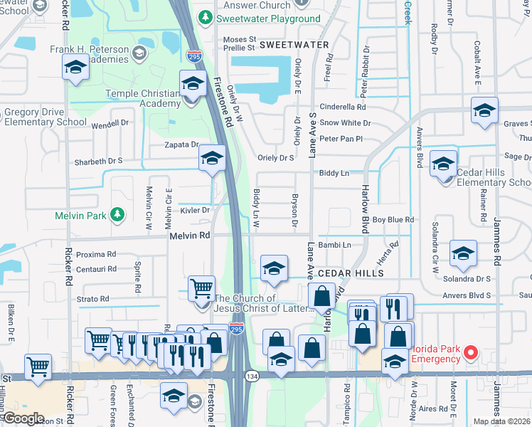 map of restaurants, bars, coffee shops, grocery stores, and more near 4540 Biddy Lane West in Jacksonville