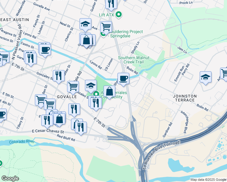 map of restaurants, bars, coffee shops, grocery stores, and more near 903 Shady Lane in Austin