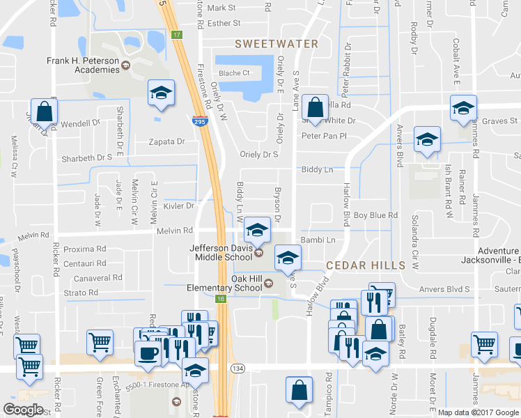 map of restaurants, bars, coffee shops, grocery stores, and more near 7039 Perke Drive in Jacksonville
