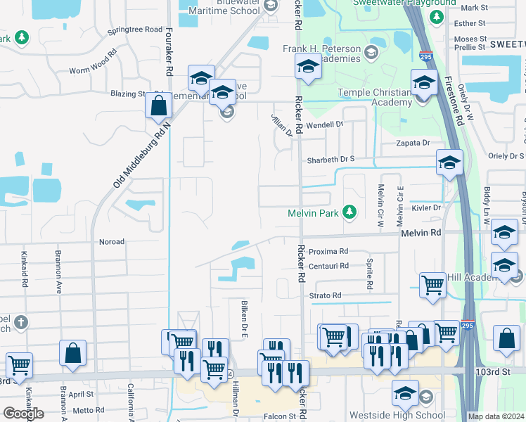 map of restaurants, bars, coffee shops, grocery stores, and more near 7684 Jana Lane South in Jacksonville