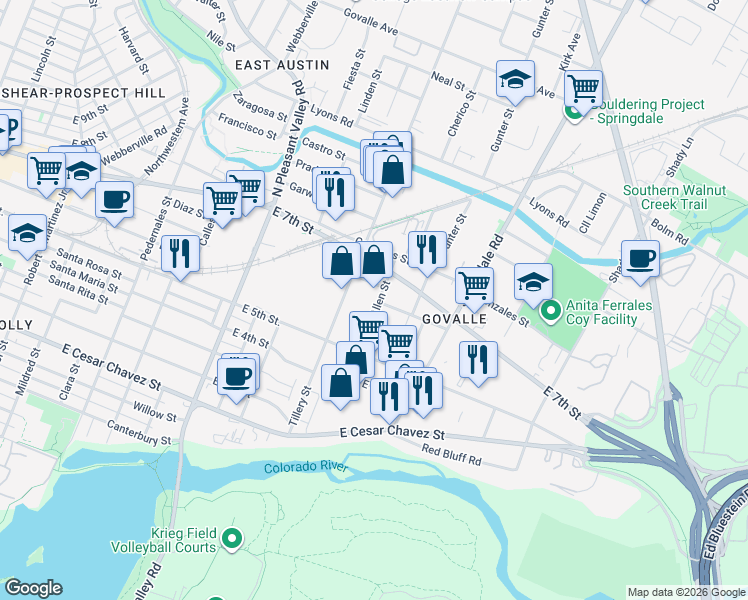 map of restaurants, bars, coffee shops, grocery stores, and more near 606 Allen Street in Austin