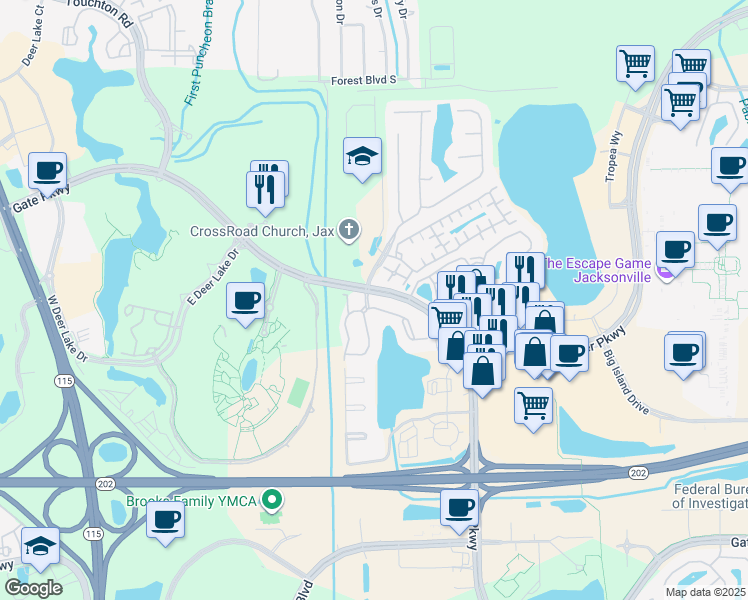 map of restaurants, bars, coffee shops, grocery stores, and more near 10000 Gate Parkway in Jacksonville