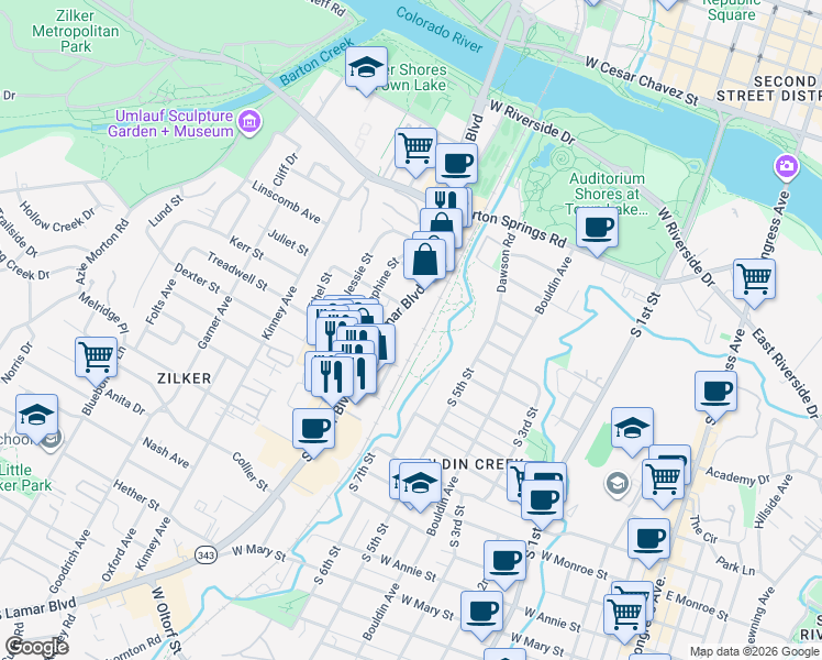 map of restaurants, bars, coffee shops, grocery stores, and more near 813 South Lamar Boulevard in Austin