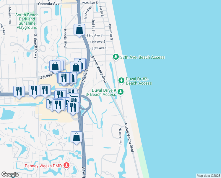 map of restaurants, bars, coffee shops, grocery stores, and more near 4007 Ponte Vedra Boulevard in Jacksonville Beach
