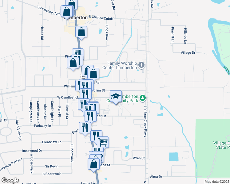 map of restaurants, bars, coffee shops, grocery stores, and more near 124 East Candlestick Drive in Lumberton