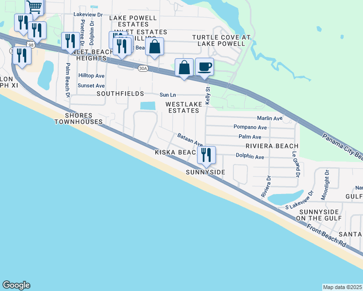 map of restaurants, bars, coffee shops, grocery stores, and more near 32 Belgrade Avenue in Panama City Beach