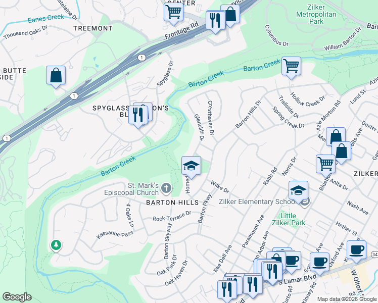 map of restaurants, bars, coffee shops, grocery stores, and more near 2000 Homedale Drive in Austin
