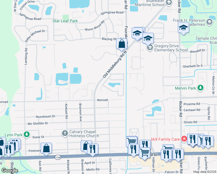 map of restaurants, bars, coffee shops, grocery stores, and more near 8084 Beaver Creek Drive in Jacksonville