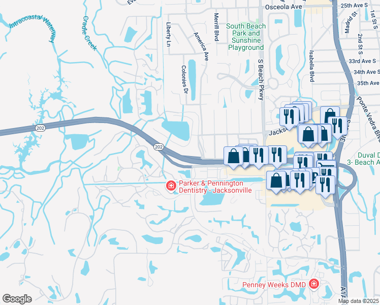 map of restaurants, bars, coffee shops, grocery stores, and more near 3752 Sanctuary Way North in Jacksonville Beach