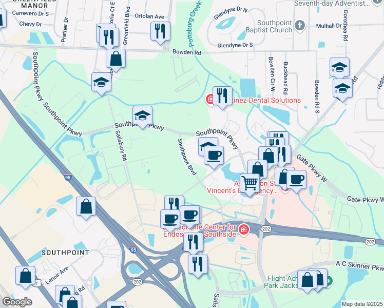 map of restaurants, bars, coffee shops, grocery stores, and more near 4121 Southpoint Boulevard in Jacksonville
