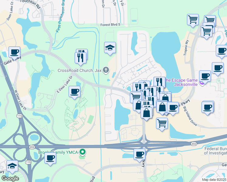 map of restaurants, bars, coffee shops, grocery stores, and more near 10000 Gate Parkway in Jacksonville
