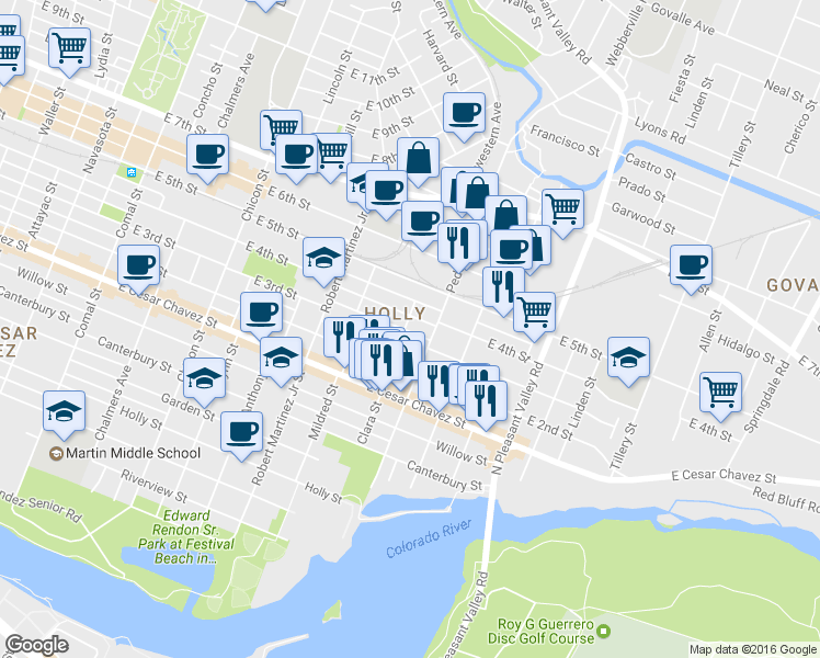 map of restaurants, bars, coffee shops, grocery stores, and more near 300 Pedernales Street in Austin