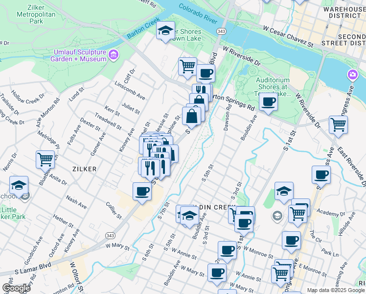 map of restaurants, bars, coffee shops, grocery stores, and more near 813 South Lamar Boulevard in Austin