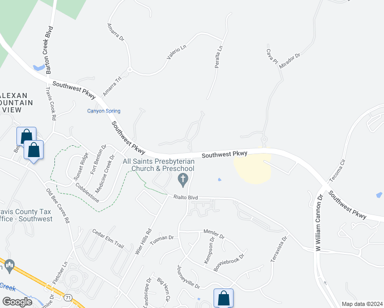 map of restaurants, bars, coffee shops, grocery stores, and more near 7717 Southwest Parkway in Austin