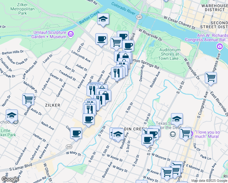 map of restaurants, bars, coffee shops, grocery stores, and more near 813 South Lamar Boulevard in Austin