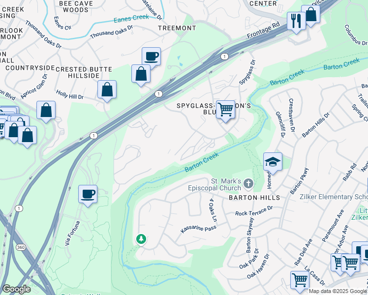 map of restaurants, bars, coffee shops, grocery stores, and more near 1707 Spyglass Drive in Austin