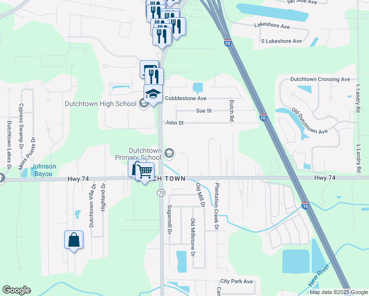 map of restaurants, bars, coffee shops, grocery stores, and more near 13078 Highway 73 in Geismar
