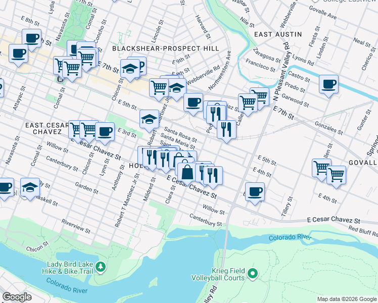 map of restaurants, bars, coffee shops, grocery stores, and more near 300 Pedernales Street in Austin