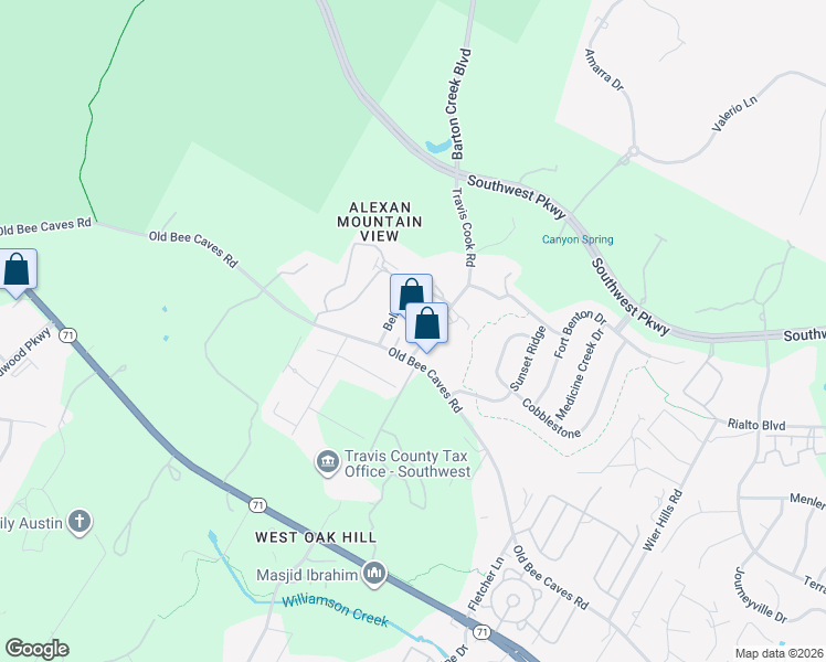 map of restaurants, bars, coffee shops, grocery stores, and more near 8648 Old Bee Cave Road in Austin