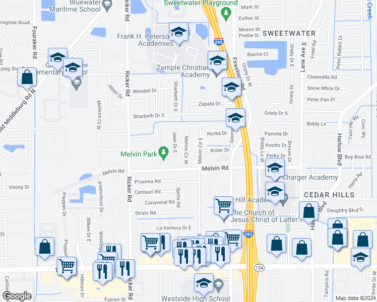 map of restaurants, bars, coffee shops, grocery stores, and more near 4503 Melvin Circle West in Jacksonville