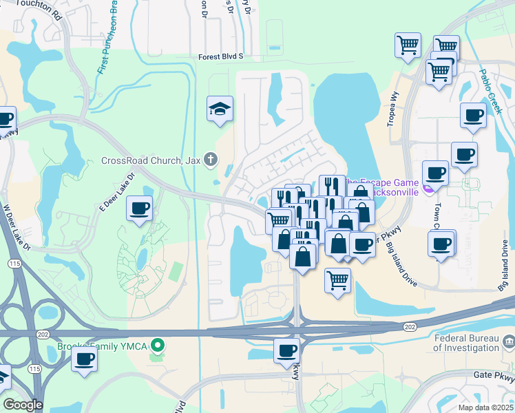 map of restaurants, bars, coffee shops, grocery stores, and more near 10155 Gate Parkway in Jacksonville