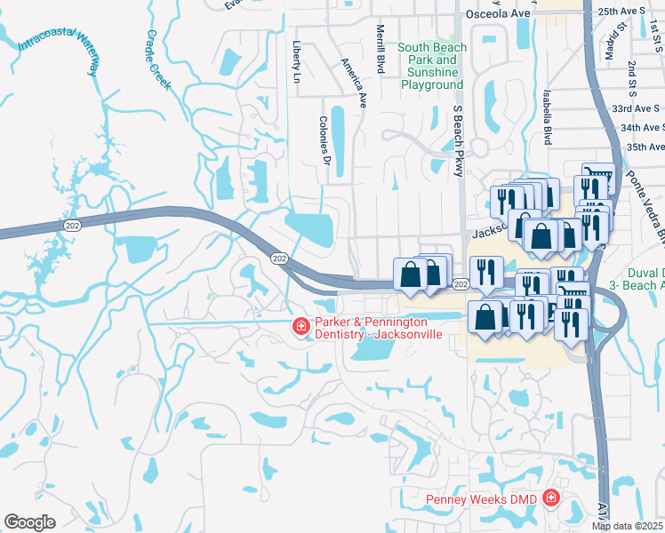 map of restaurants, bars, coffee shops, grocery stores, and more near 3752 Sanctuary Way North in Jacksonville Beach