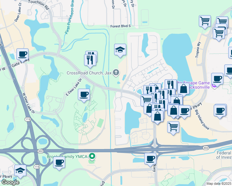 map of restaurants, bars, coffee shops, grocery stores, and more near in Jacksonville