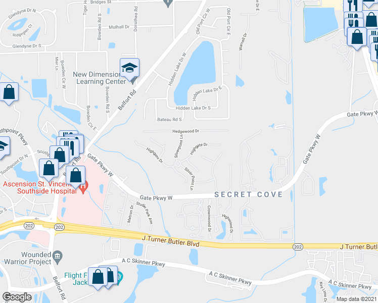 map of restaurants, bars, coffee shops, grocery stores, and more near 8315 Highgate Drive in Jacksonville