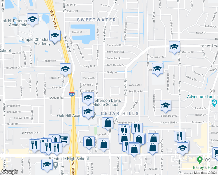 map of restaurants, bars, coffee shops, grocery stores, and more near 4522 Tango Lane West in Jacksonville