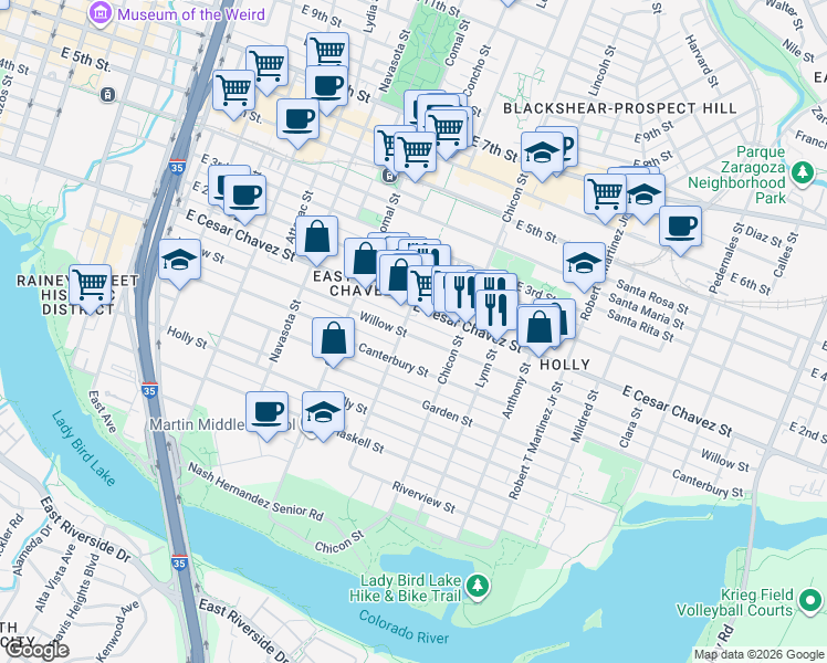 map of restaurants, bars, coffee shops, grocery stores, and more near 1707 Willow Street in Austin